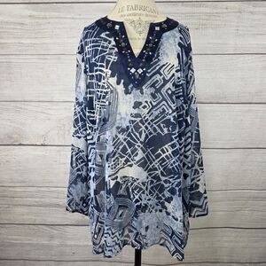 Susan Graver Navy and White Embellished Blouse